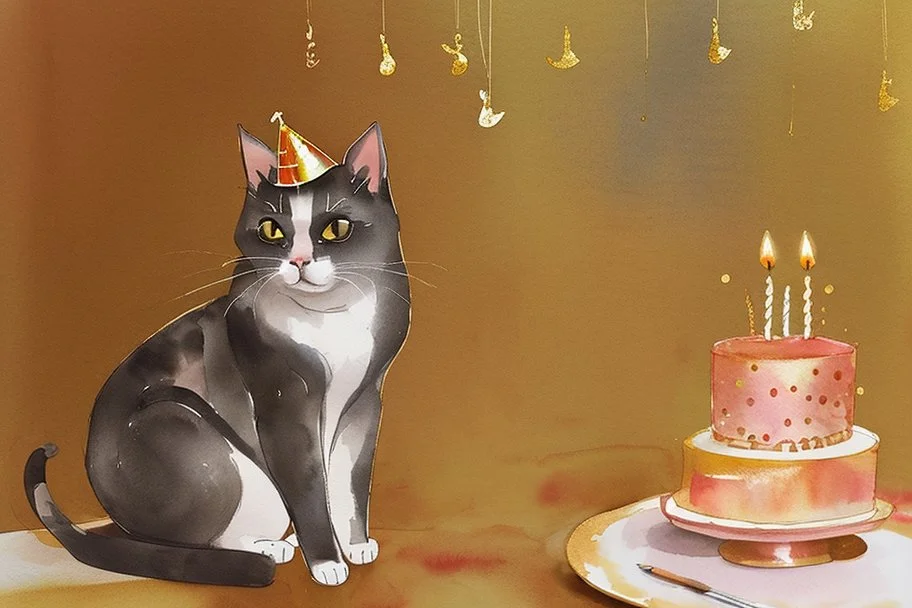 beautiful composition, cat birthday party with cake, watercolor and ink, golden glitters in ochre in sunshine