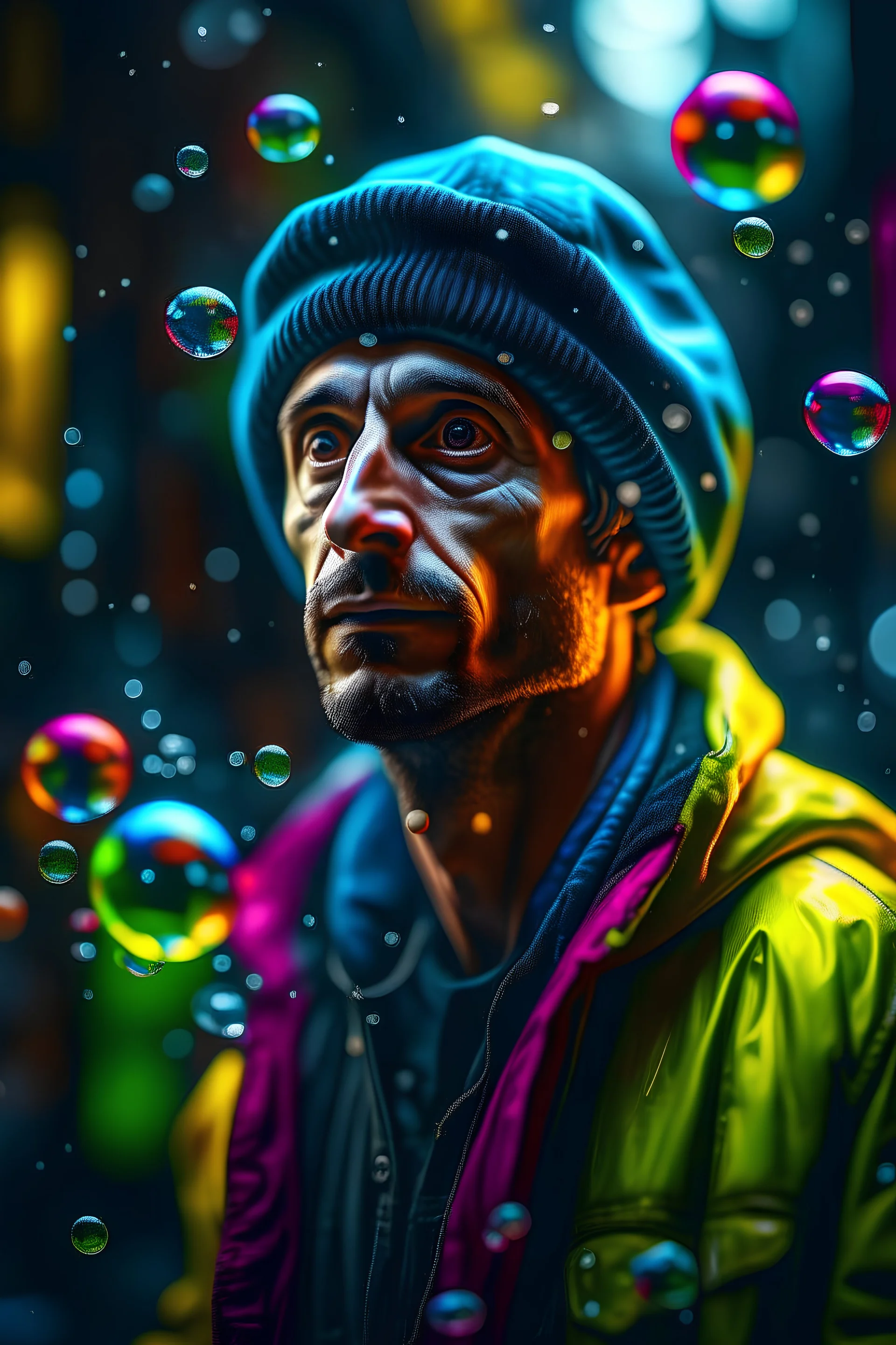 hyper real oil painting portrait of jugglar in slimy bubbles and gelatinous background, zeiss prime lens, bokeh like f/0.8, tilt-shift lens 8k, high detail, smooth render, down-light, unreal engine, prize winning