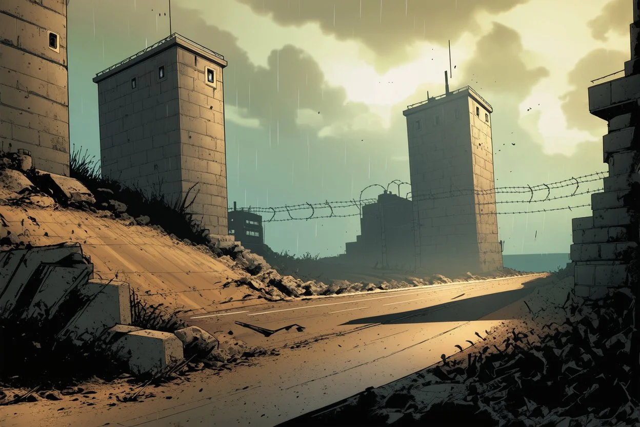 comic book style zombie apocalypse fortified bunker. Tall walls with military watchtowers, barbed wire fences. Post apocalyptic city setting. Road leading up to it. Night, rain