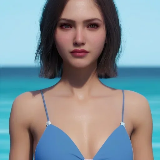 girl look beautiful wear swimwear, close-up,eyes like ocean blue, short hair, smile, 8k, rtx, eyebrows like serious, facing left, hyper realistis