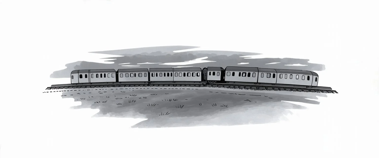 side of old western railway track, overcast sky, fields in background, vignette children's book illustration