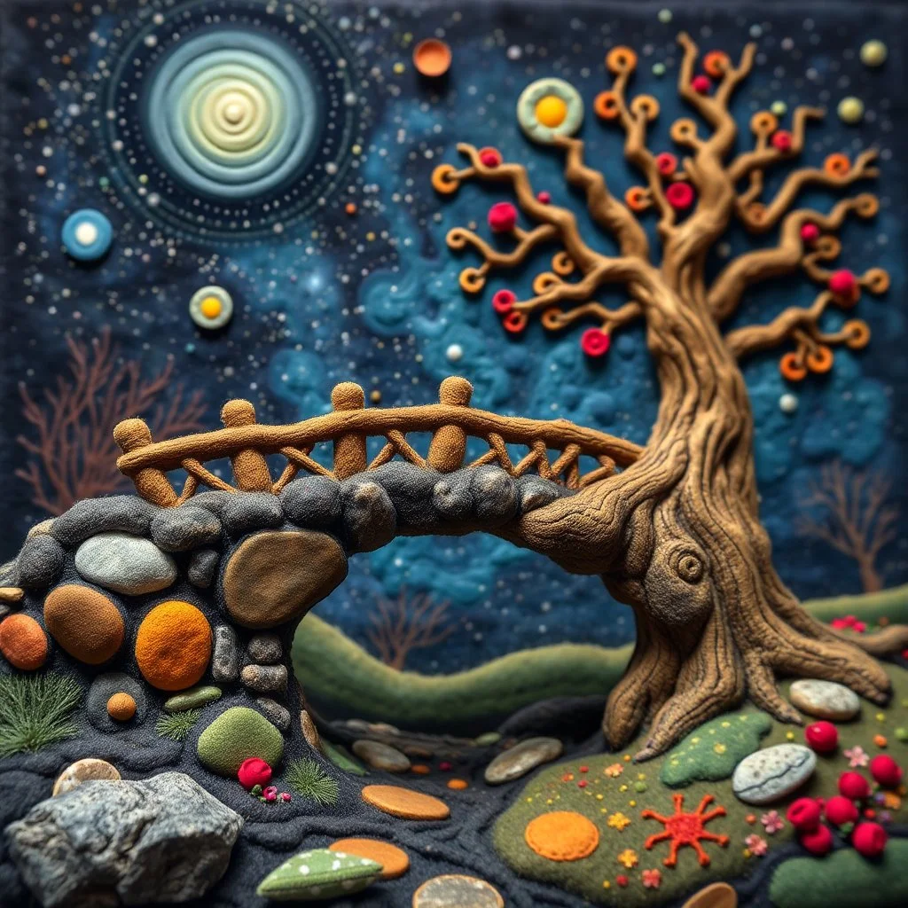 Photograph hasselblad h6d400c --ar 85:128 --v 6.0 of a fairy old bewitched bridge, tree, made of felt, art, 3d deep field, Joan Miró, wide angle landscape scene, galaxies, creepy, Max Ernst, needlepoint, abstract silhoutte, expressionist style, colorful