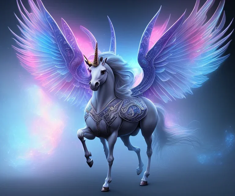 unicorn with glowing wings, shadow, abstract surreal fantasy art, highly detailed, intricate patterns on wings, soft studio lighting, smooth dark blue background 64k