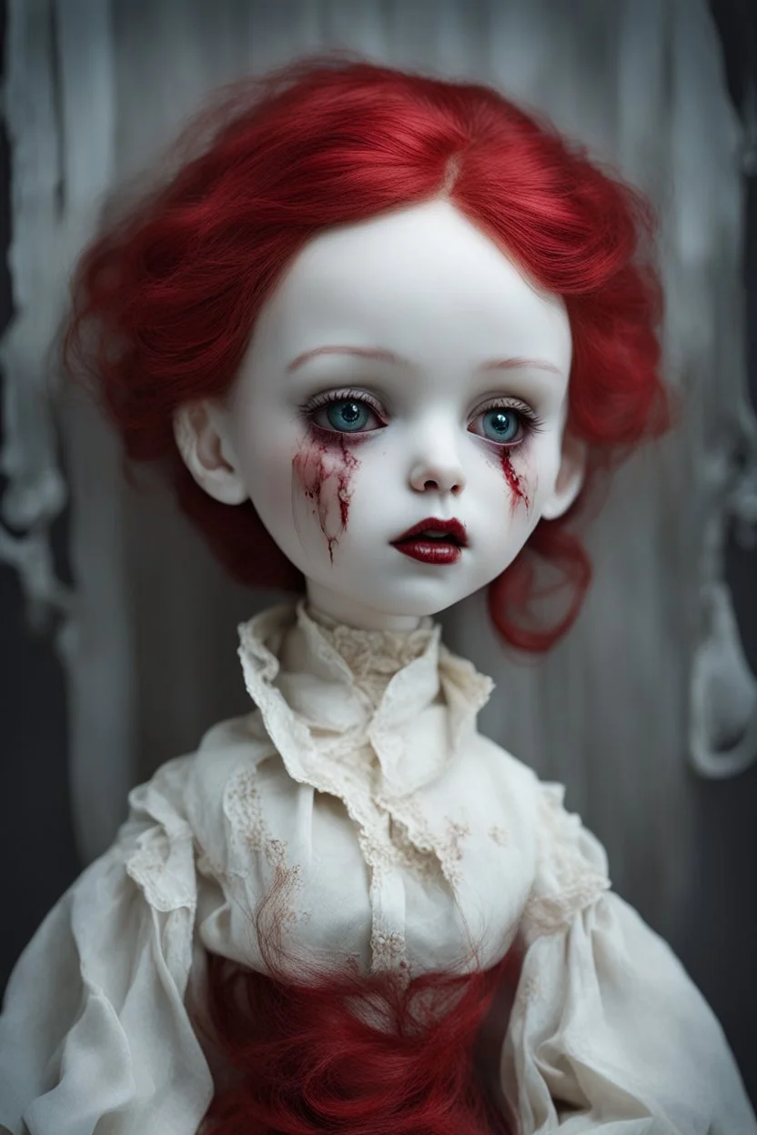 A hauntingly beautiful porcelain doll with small storms for eyes. Her skin is pale and cracked like porcelain. Her hair is red like wine with fire coming out. Her lips are sewn together except for one corner that is ripped and bleeding.