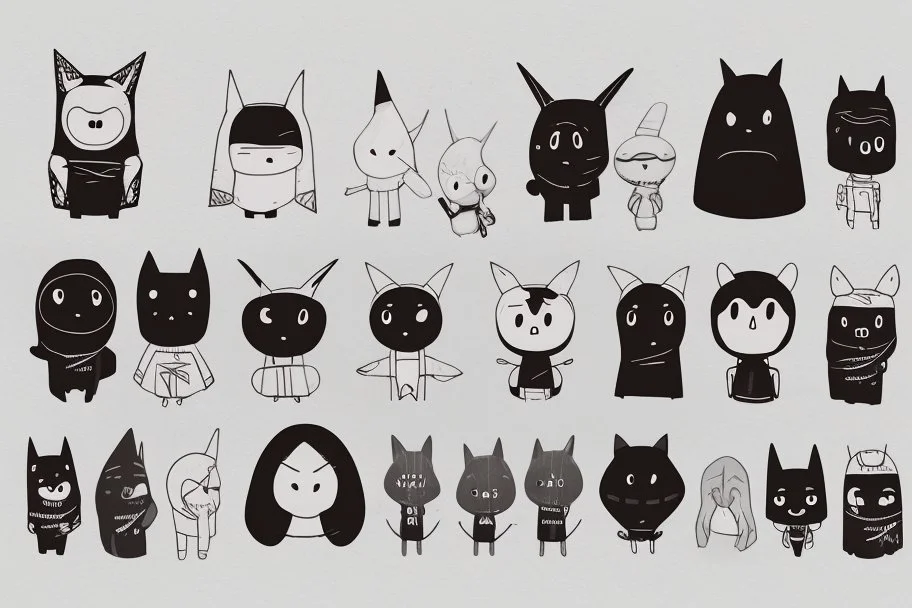 6 simple shaped hand drawn cartoon characters that are cute dark and have hoodies