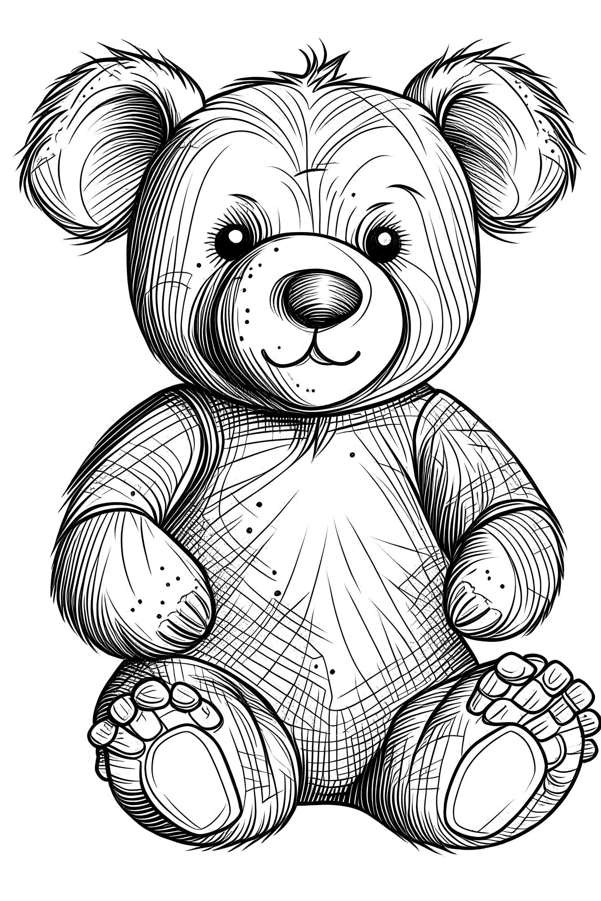 Outline art for coloring page, STYLISH HAPPY TEDDY BEAR, coloring page, white background, Sketch style, only use outline, clean line art, white background, no shadows, no shading, no color, clear