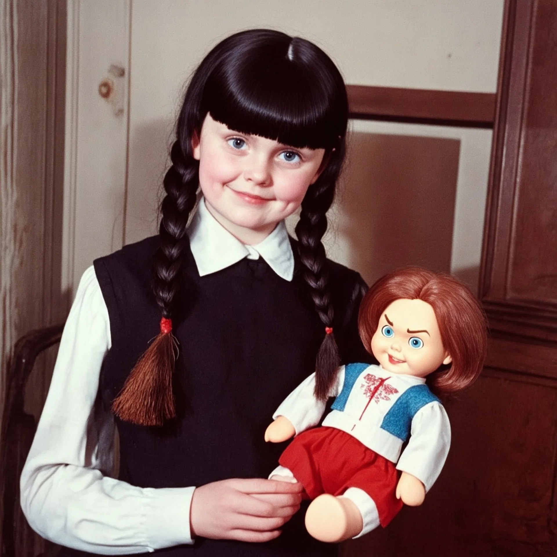 Wednesday addams with bangs and braids, with a chucky doll, old polaroid