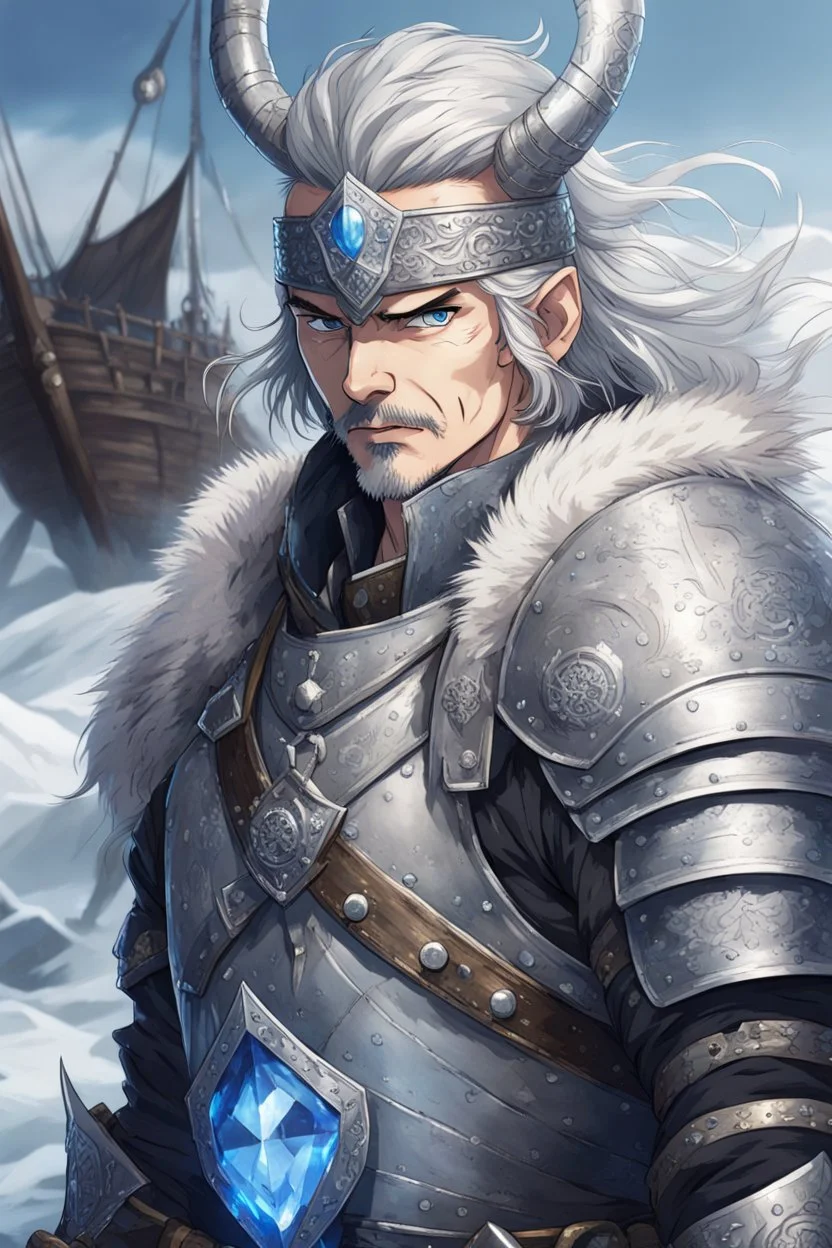 in anime style,1older man, a older man with blue eyes and black hair man in silver Viking armor with fur around the neck with blue crystal on his chest holding an axe in his hands standing on a pirate ship in the artic, warrior in anime style,