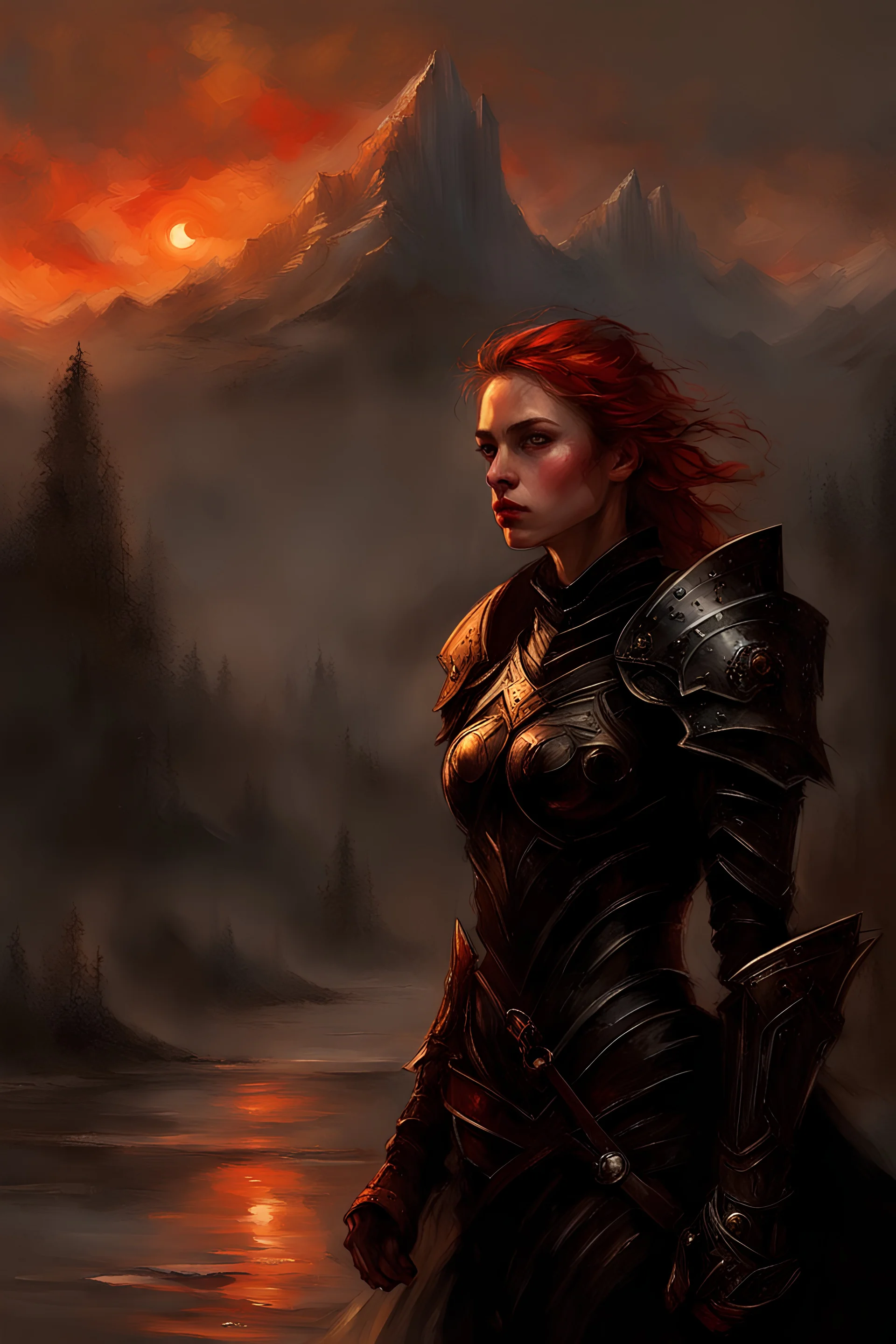 A formidable warrior girl in black armor, on the background Amazing gloomy landscape, flooded with sunset, mountains, trees, fabulous scary hero, , juicy emotions, painting, dark fantasy, gloomy day, dark world, portrait, by James Paick & Anna Razumovskaya