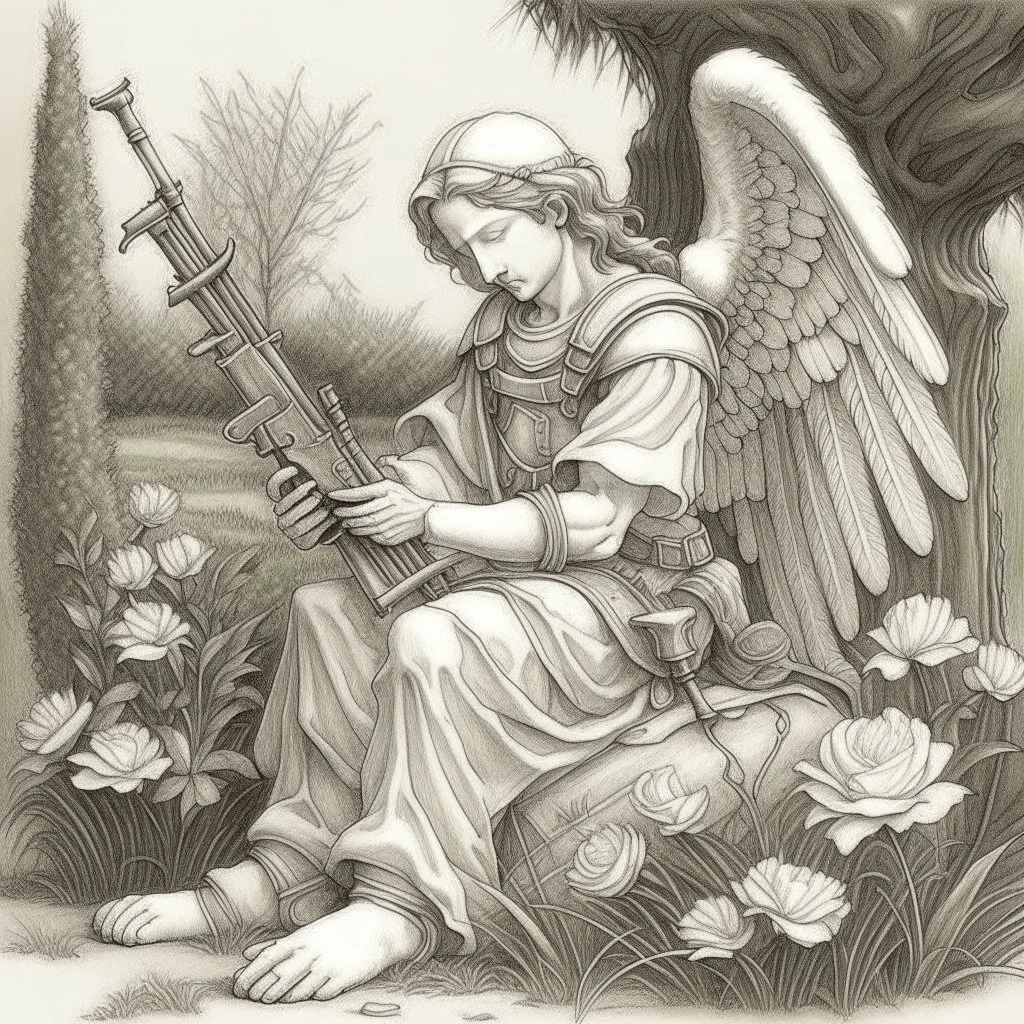 renaissance style angel, sitting in a garden, inspecting an ak 47 gun, pencil sketch, beautiful