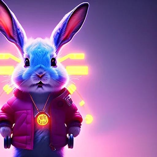 pixar style anamorphic cute smiling baby rabbit, smiling, cyberpunk headphone, sunglass, gangsta gold neckless, full body, magenta puffer jacket, manila city backdrop, dramatic lighting, hyper realistic, unreal engine 5, 16k