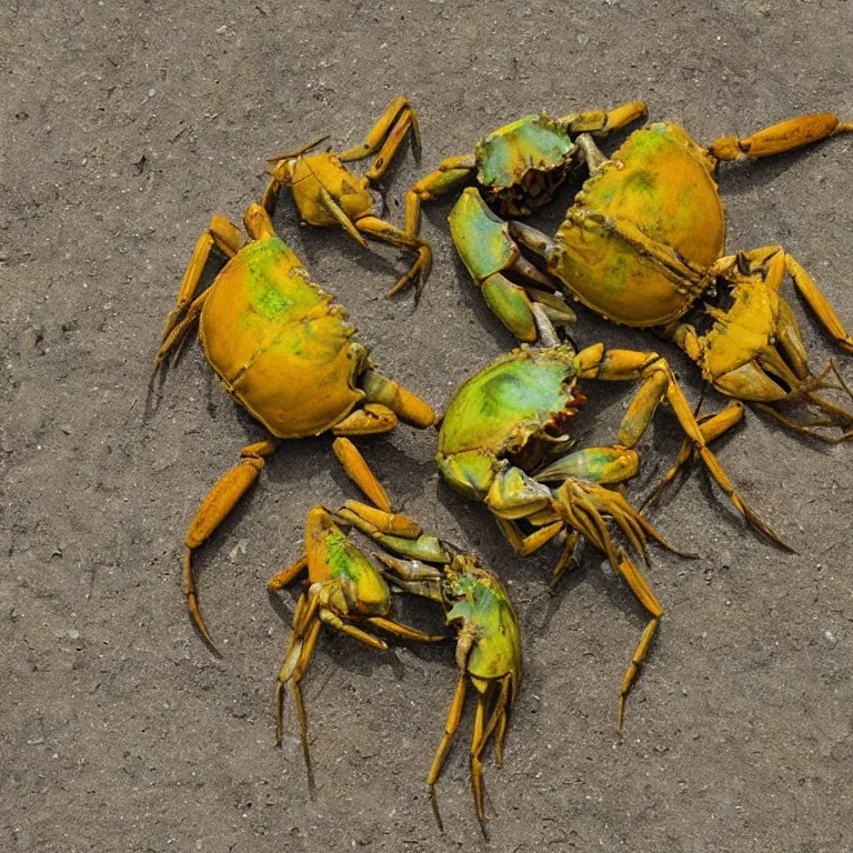 photo de crabes jaunes avec yeux de mante religieuse et queue verte de renard