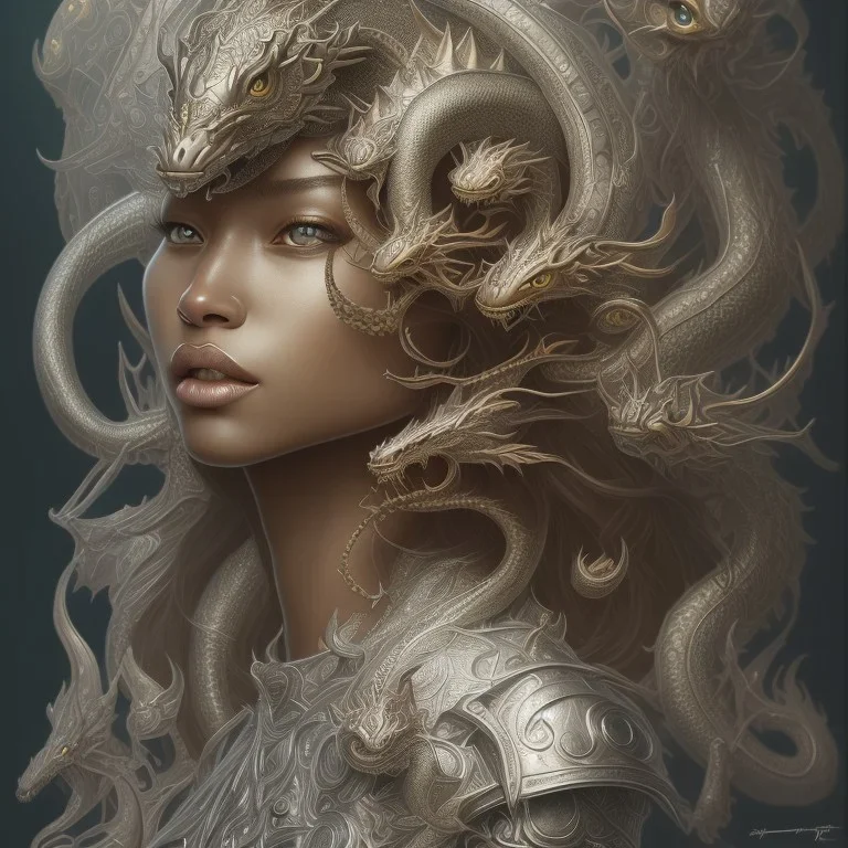 sango fantasy, fantasy magic, intricate, sharp focus, illustration, highly detailed, digital painting, concept art, matte, artgerm and paul lewin and kehinde wiley, masterpiece silver dragon head brown Asain African nice breast Afo woman turquoise waves