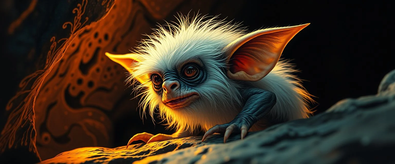 pen outline with some neon airbrush, glowing quickling gollum gremlin in the shadows with long fluffy white fur looking at awesome glowing cave painting, pin hole camera, in the style of Rembrandt
