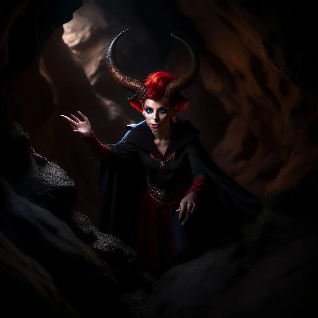 a beautiful young sorceress tiefling floating over a dark cavern, photo quality