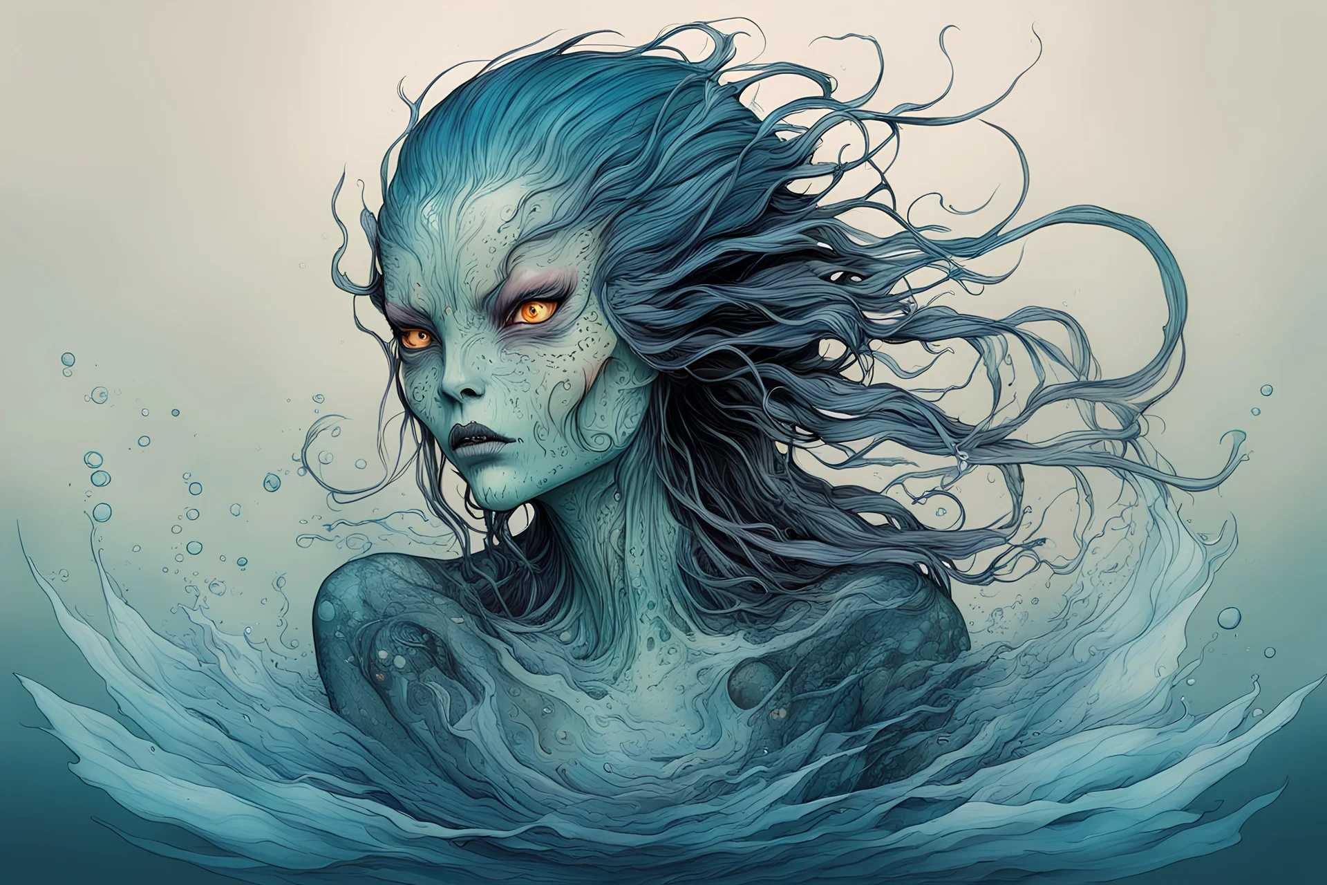 front facing full body illustration of a malevolent shape shifting female Funayurei water ghost with highly detailed facial features and translucent skin textures, in the style of Alex Pardee , Jean Giraud Moebius, and Katsushika Hokusai, highly detailed, boldly inked, deep murky aquatic color