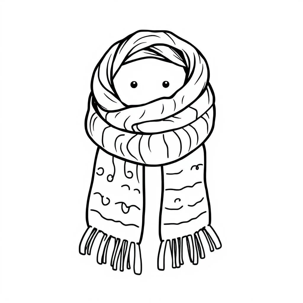 A black and white cute drawing of a scarf . Only outline, white background,for kids