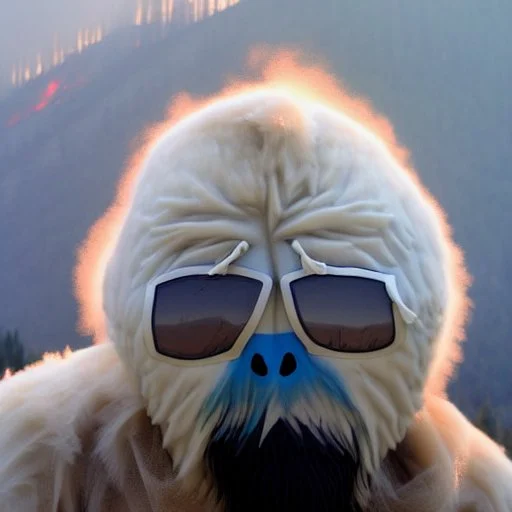 subject = (Yeti in a mask) background = (wildfires, mountains, fires, smoke, disaster)