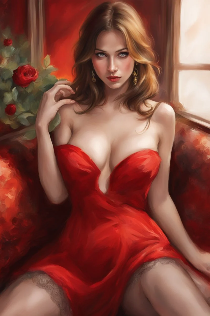 A stunning, seductive woman in a fiery red dress, casting a shy glance over her shoulder.