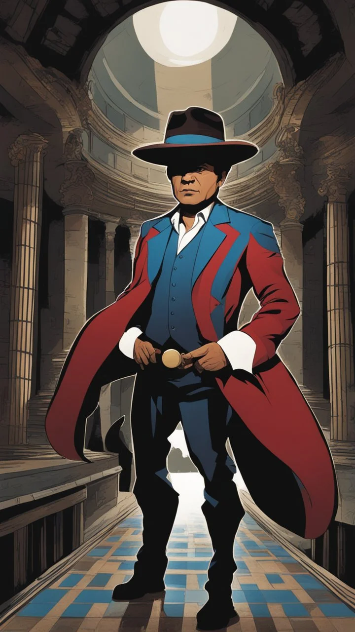 Gustavo Petro, comic style artwork, dark red and blue, wearing a wide-brimmed hat, wearing a white shirt, serious and thoughtful, full body