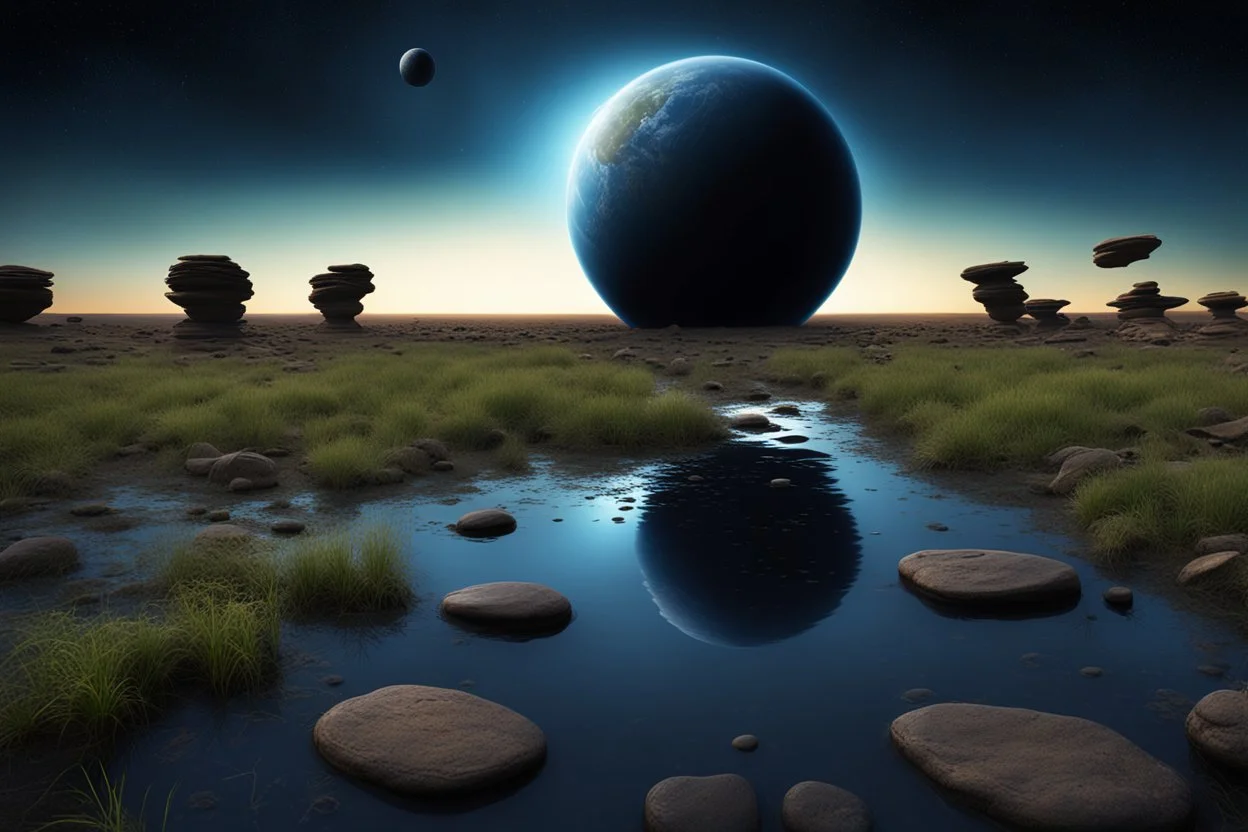 Dark blue sky with one exoplanet in the horizon, rocks, puddle, weeds, sci-fi movies influence, epic