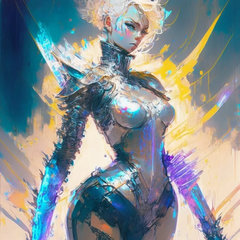 Alessandra DaDario mistress, fencing stance, holographic armor, space combat boots, short pixie blonde hair, big chest, final fantasy tactics, showing skin, big hips no clothing, happy, Full body, Beautiful waifu style girl, hyperdetailed painting, luminism, art by Carne Griffiths and Wadim Kashin concept art, 4k resolution, fractal details bioluminescence , 3d render, octane render, intricately detailed , cinematic, trending on artstation ,Centered hyperrealistic cover photo awesome