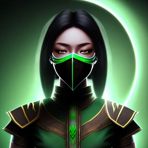 jade, mortal kombat, face, smile, dark skin color, dark ninja mask, black hair, brown eyes closed, woman