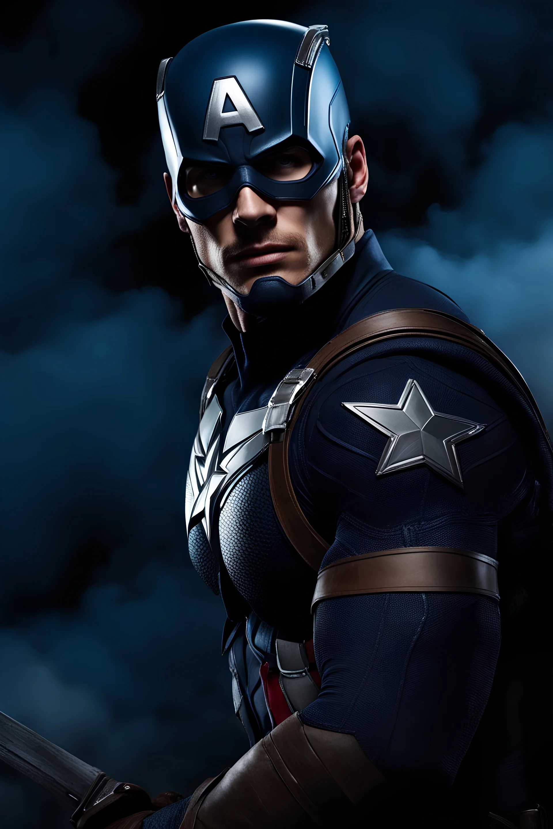 3D Portrait of Alan Ritchson as Captain America, perfect body, perfect face, perfect eyes, dark hair, glamorous, gorgeous, delicate, romantic, realistic, romanticism, blue tones, Boris Vallejo - Pitch black Background - dark, wood panel wall in the background - fire, fog, mist, smoke