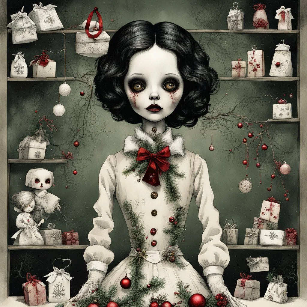 creepy Christmas themed porcelain doll collection, color ink illustration, mistletoe, presents, eerie, doll phobia, horror, surreal, gritty by Chris Friel and Dave McKean and Goru Fujita