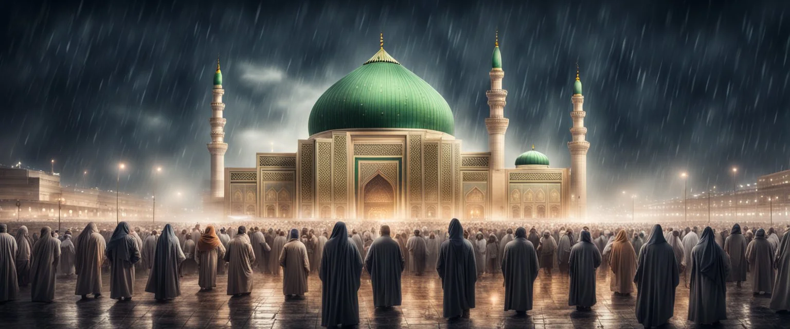 Hyper Realistic Majestic View of Madina with lots of people worshipping at rainy night with vignette effect