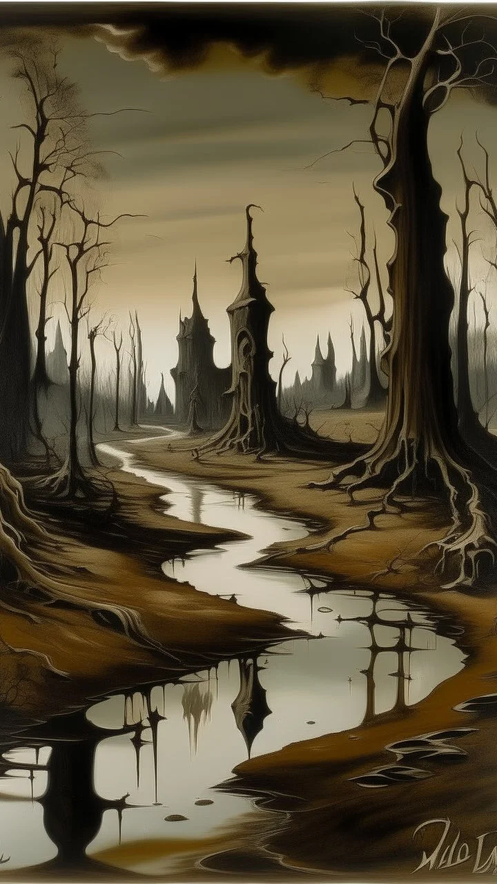 A dark brown swamp covered in muck designed in ancient Greek pottery painted by Salvador Dali