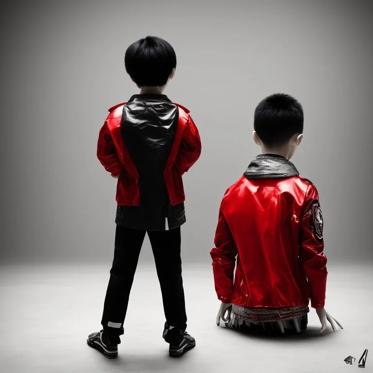 photo from behind, only Distant Japanese child boy, black hair, sitting on floor, akira red jacket with pill in the back, extremely detailed, extremely realistic