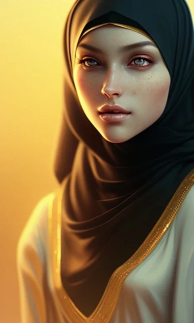 Arab princess , cute, beautiful , black eyes ، hijab, head and shoulders portrait, cinematic, 8k, resolution concept art portrait by Greg Rutkowski, Artgerm, WLOP, Alphonse Mucha dynamic lighting hyperdetailed intricately detailed