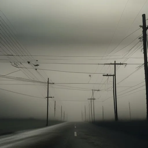 An empty road on a misty day. Telegraph poles and wires. Muted tones. Tilted high horizon. With blotches, blurry areas and lens noise and grain. Photo 4k