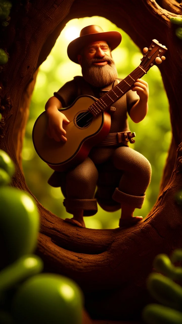 portrait of hairy rock banjo ninja sweet cucumber cowboy living inside a tree house in a hollow huge tree growing light bulbs, singing into ornate studio mic,bokeh like f/0.8, tilt-shift lens 8k, high detail, smooth render, down-light, unreal engine, prize winning