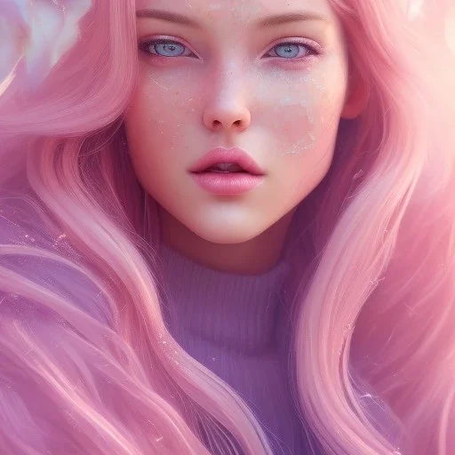 trees, pink, blonde hair, beautiful, whole face, hyperrealism, masterpiece, expert, cinematic lighting, sharp focus, 8K, pastel, macro lens, woman, detailed, flower