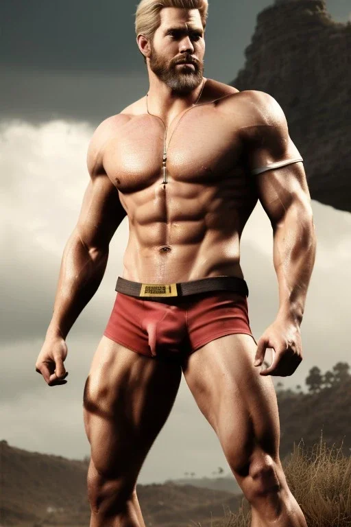 Ignore NSFW, teenager young rugged attractive slightly muscular fantasticly handsome blonde man, red briefs with yellow belt, hairy chest, (((visibly pisssing))) briefs, large erect visible boner peniss, photorealistic, artist Jay Anacleto, soft lighting, scruffy beard