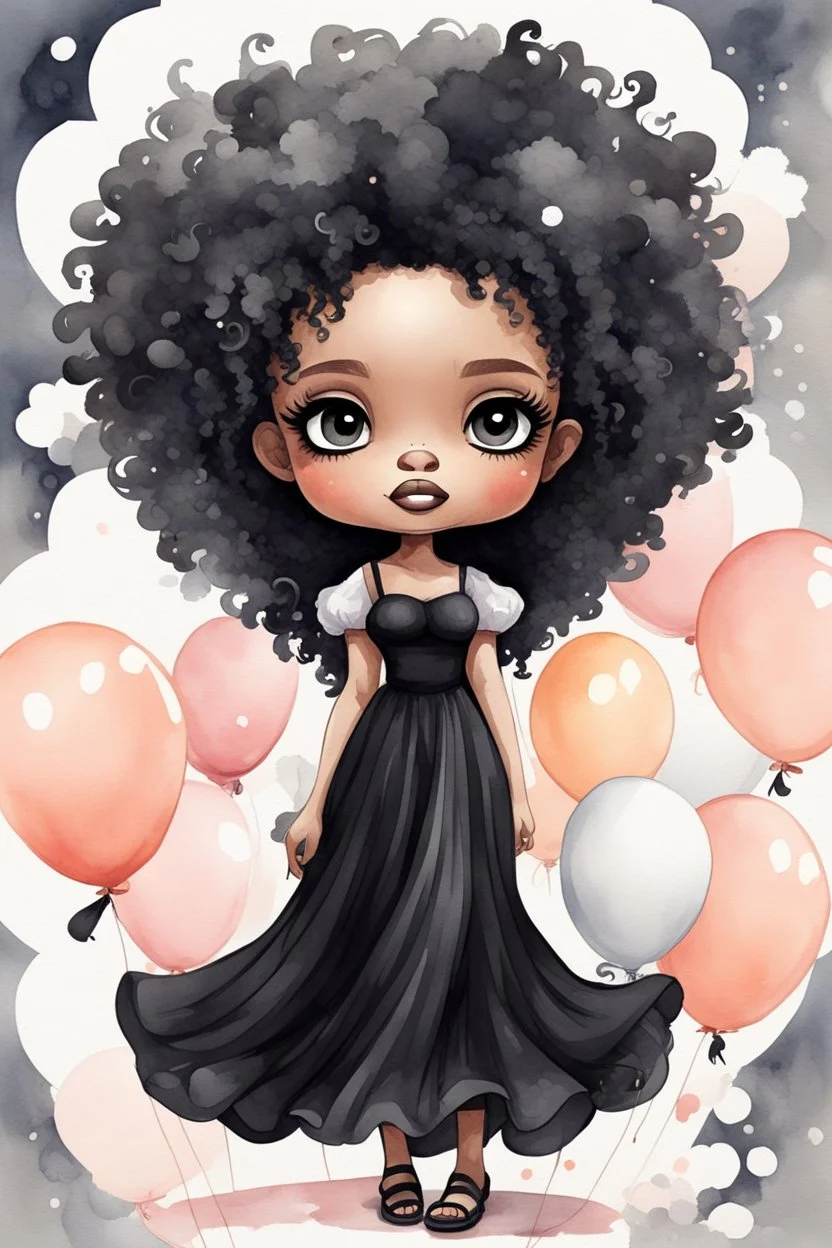 A watercolor fairytale style of a chibi cartoon wearing a black maxi dress and black sandals. Prominent make up with hazel eyes. Highly detailed tight curl afro. Background of white, peach, and gray ballons everywhere.