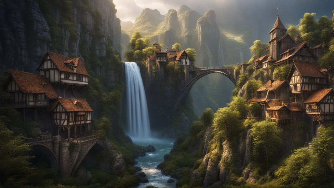 a small medieval town at the foot of multiple waterfalls. a steep, narrow, tall cliff ravine. a masterpiece, fantasy concept art, dynamic lighting, hyperdetailed, intricately detailed, deep color, Unreal Engine, volumetric lighting, Epic cinematic brilliant stunning intricate meticulously detailed dramatic atmospheric maximalist digital matte painting