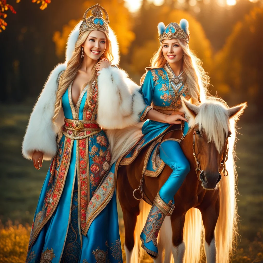 (masterpiece, best quality, 8k, RAW photo, beautiful and aesthetic:1.2), complex detail, Indirect light, photorealistic, (((full body))), 2 Gorgeous Cosmic russian asian goddess smiling, long curved blonde hair, blue eyes, Mixed, sci-fi and traditional russian outfit with white furs and chapka, on a horse companion, a colorfull Sci-Fi environment