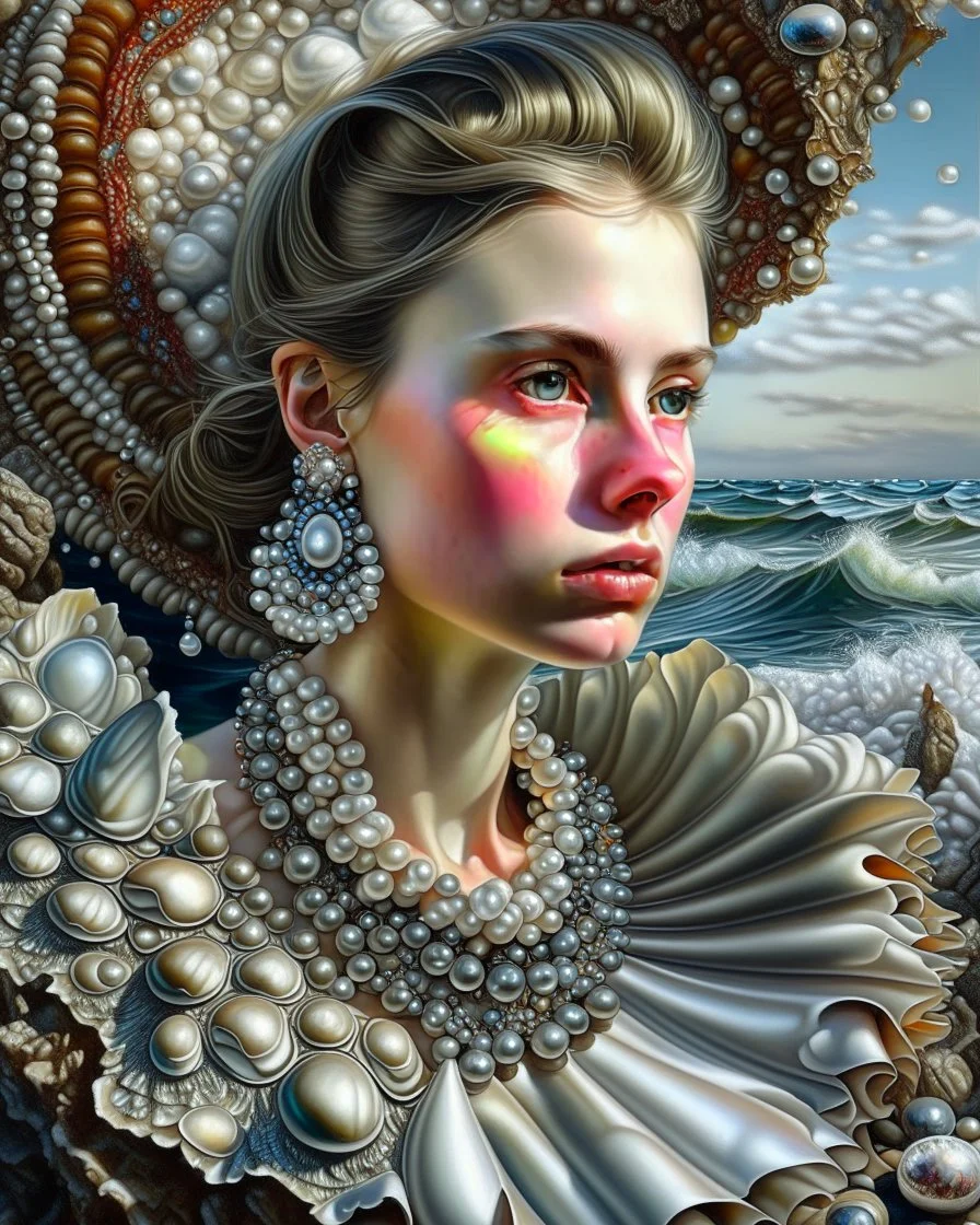 Create a fantastical image of a young beautyful woman in an elaborate dress resembling the interior of a pearl oyster, specifically a Pinctada, with rocks on the seashore in the background. An oil painting in the style of ultrarealism. The collar of the dress, like a hood, encloses the large, open jaw structures of the shell and the deep pearly interior, mimicking this bivalve. The person is also decorated with detailed patterns and textures that give the appearance of an aquatic creature, enhan