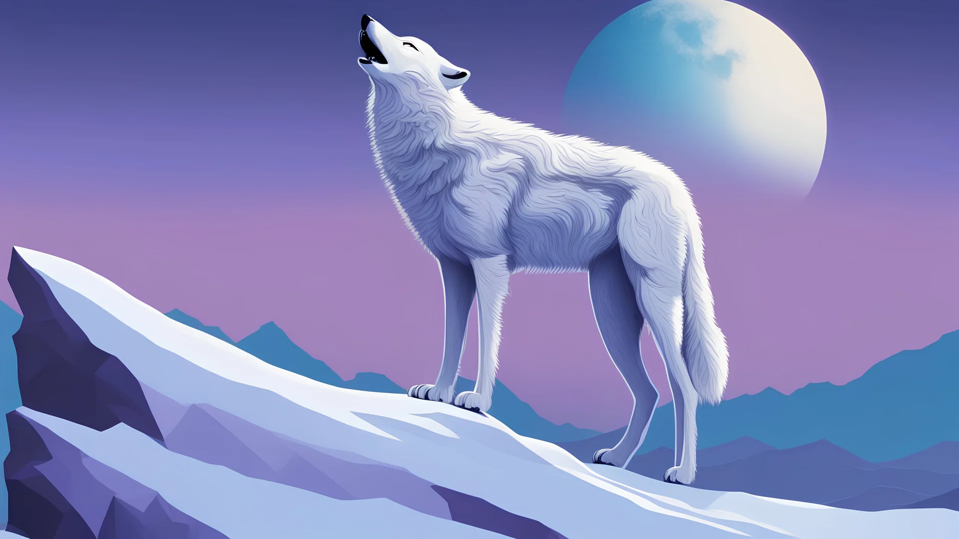 humanoid arctic wolf, standing on a snowy mountain, howling at the moon, blue and purple gradient night sky, foggy dusk