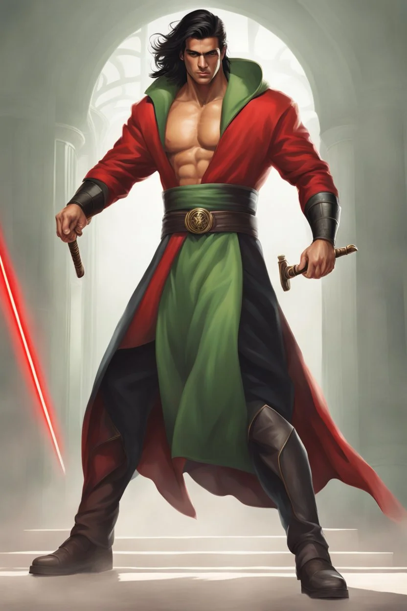 Full Muscluar Body, Male Tan Human, Sith, Red Blindfold, Green and Black Robes, Handsome face, Black hair.