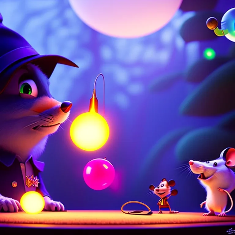 The mouse and the executioner discussing the future of the universe on bubble world, art by Pixar and Dreamworks