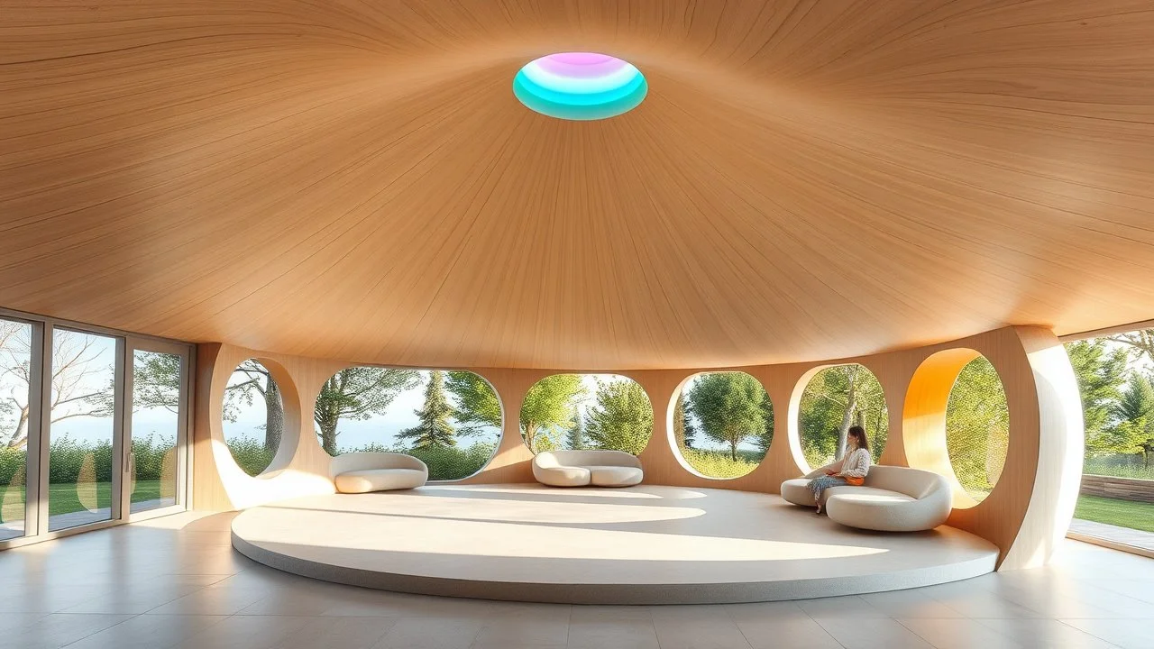 A beautiful unique pavilion shaped like a lemniscate (figure-eight curve), with a continuous flowing loop that creates interconnected spaces. The roof gently rises and falls in harmony with the curve. There is a hint of colour reminiscent of a rainbow. Large, open-air windows allow natural light to flood into the building. The interior features rounded, organic forms that follow the curve of the lemniscate. The effect is calm, comforting, protective and delightful. Award-winning photograph.