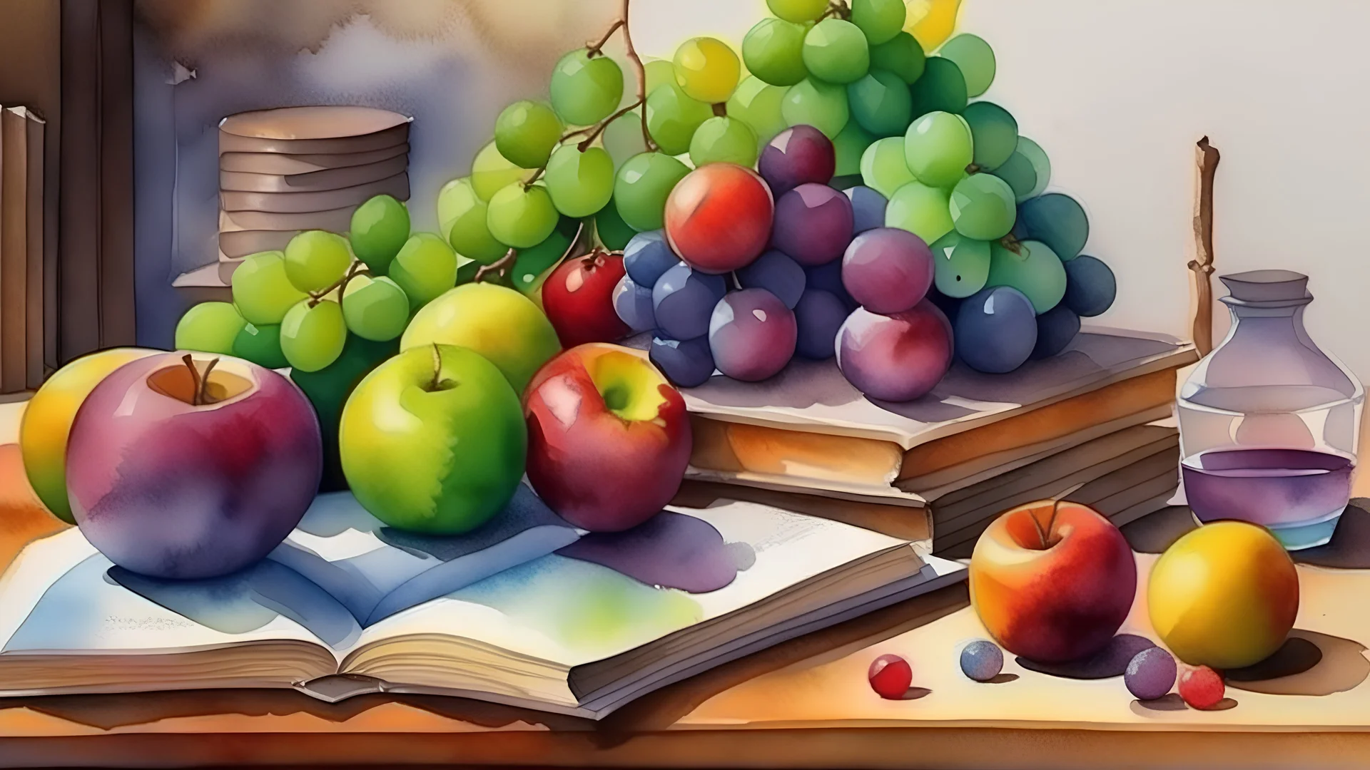 watercolor painting grapes and fruits on the table and some books