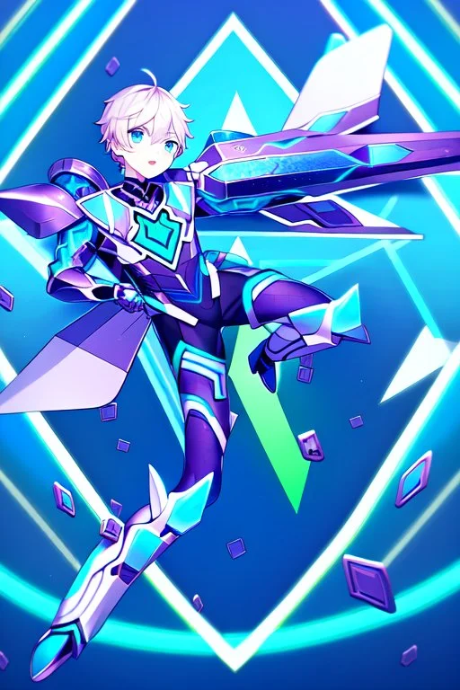 neon blue, flying parts of armor in form of triangles, cyber armor, geometric patterns on armor, male, orbiting triangle