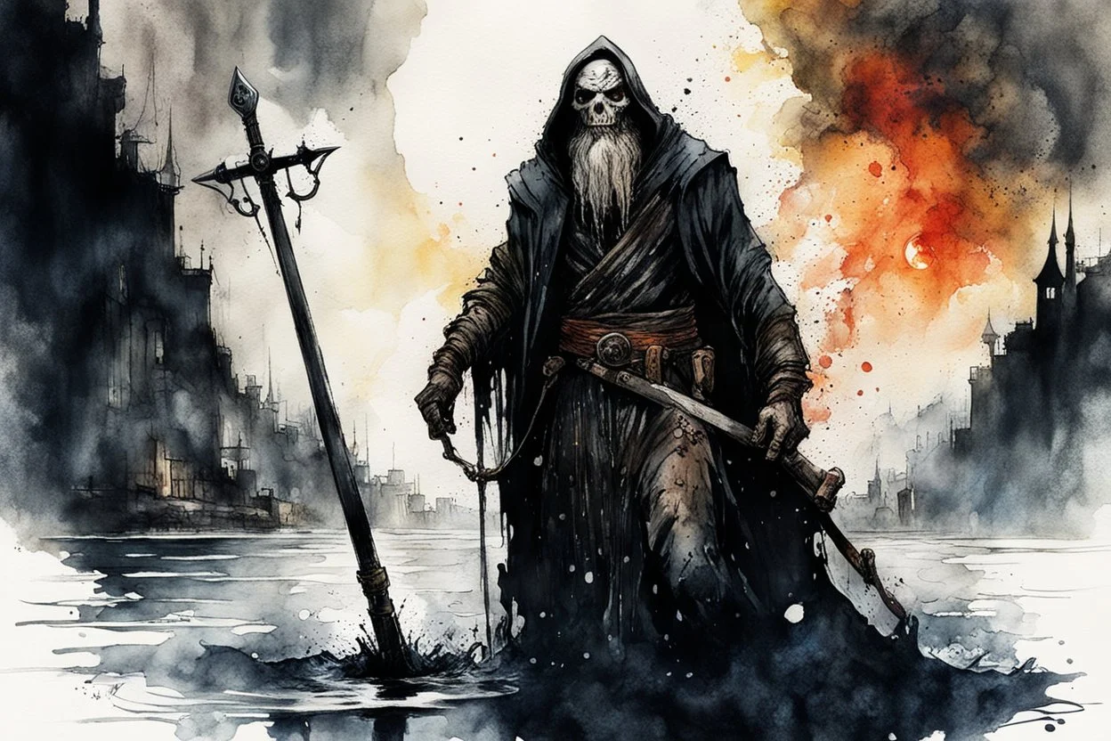 highly detailed ink wash and watercolor character concept illustration of Charon, the ferryman of the dead, maximalist, sharp focus, highest resolution, in the styles of Bill Sienkiewicz, Denis Forkas , Masahiro Ito, boldly inked, 8k, coarse, gritty textures