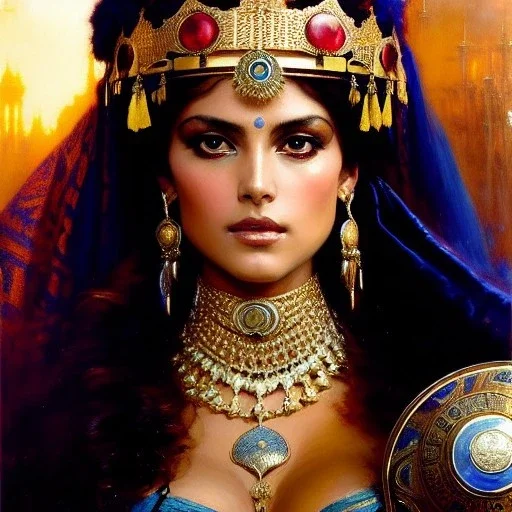 portrait beautiful face queen of Sheba ,busty,medieval metal armor balanciaga fashion clothe painting by gaston bussiere, greg rutkowski, yoji shinkawa, yoshitaka amano, tsutomu nihei, donato giancola, tim hildebrandt, oil on canvas, cinematic composition, extreme detail,fit full head inside picture