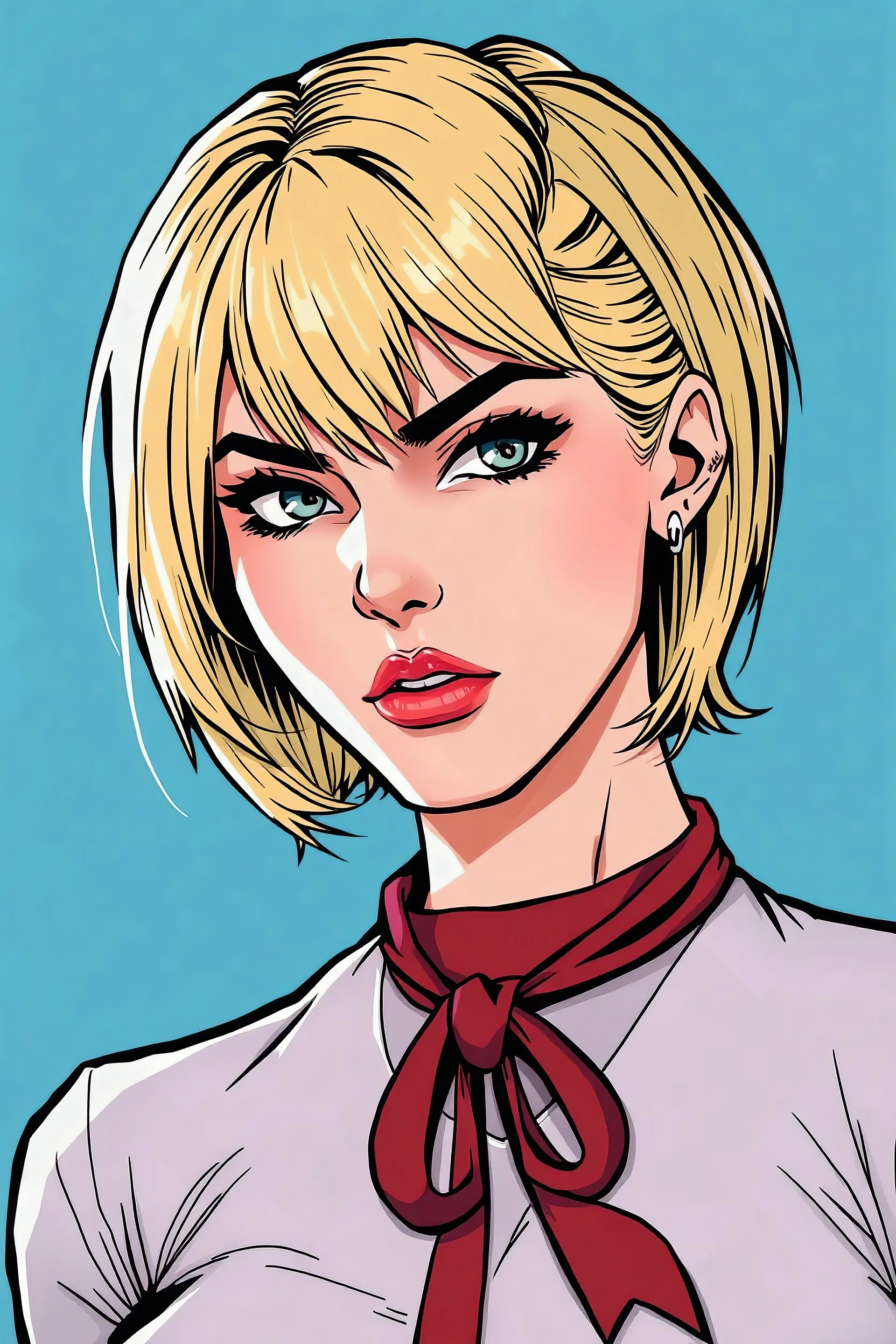 female, short blonde hair, comic book style art, serious looking